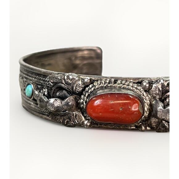 VTG Sterling Silver Turquoise Red Coral Cuff Bracelet- Ornate Design Adjustable - Picture 8 of 15